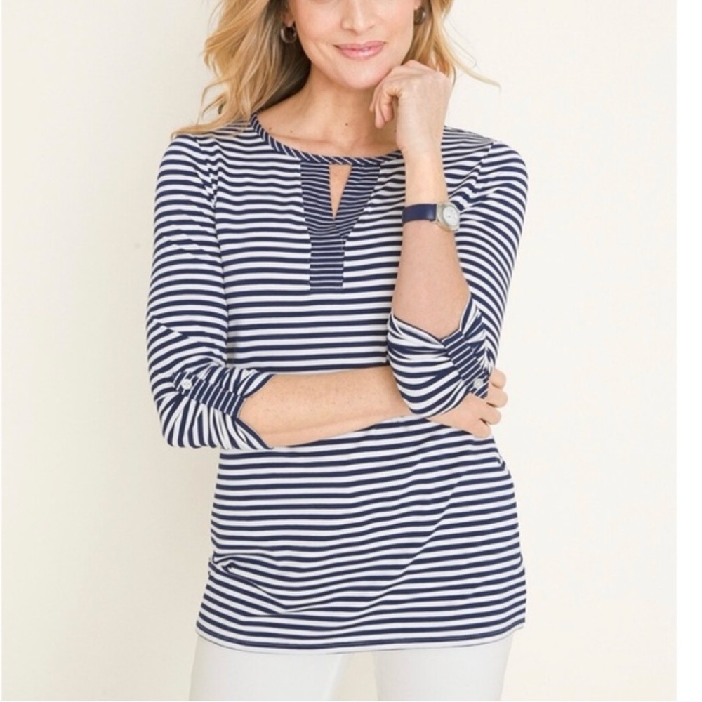Chico’s striped keyhole roll tab top
